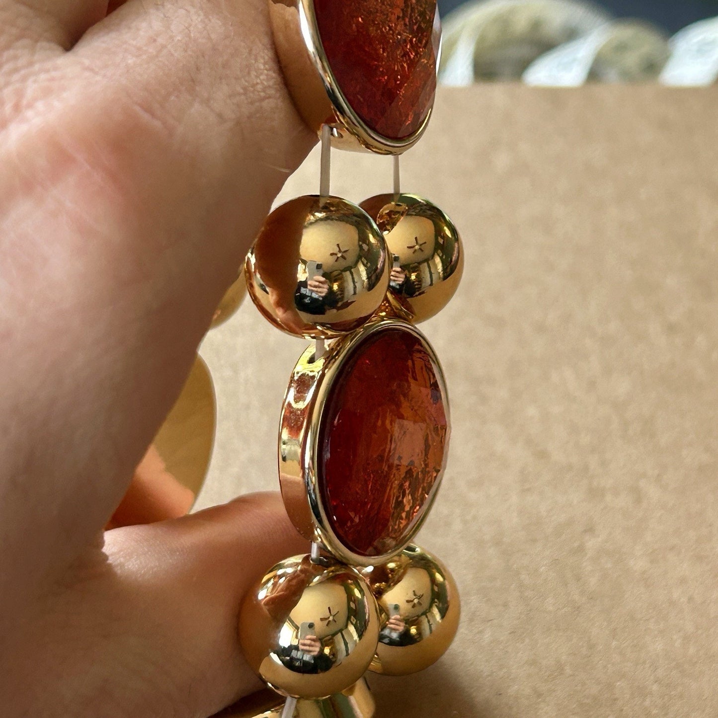Gold Tone Red Glass Beaded Statement Stretch Bracelet with Oval Stones