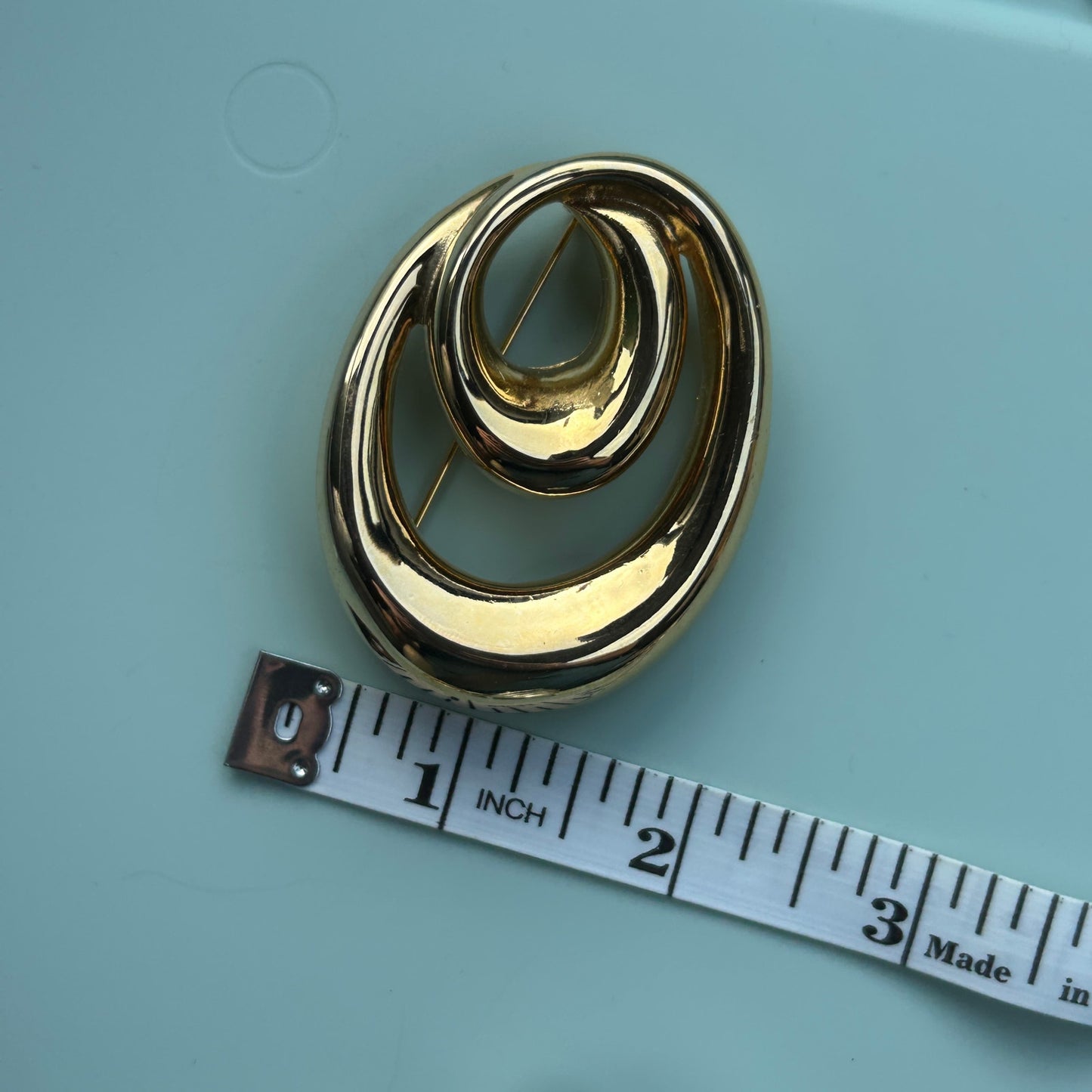 Vintage Monet Gold Tone Nested Oval Brooch | Polished Abstract Concentric Hoop Pin | Mid-Century Modern