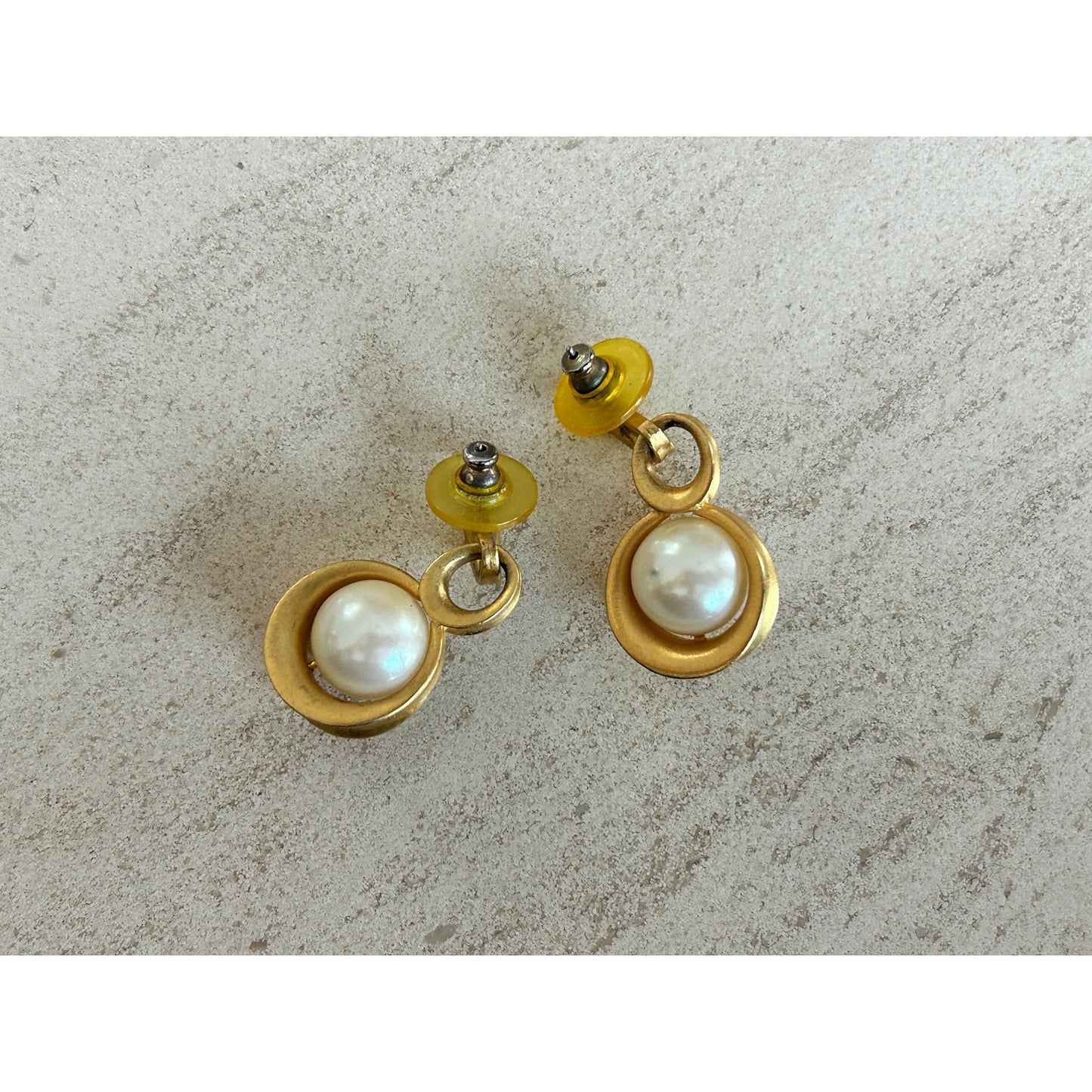 Gold and Faux Pearl Drop Earrings, Pierced, Vintage