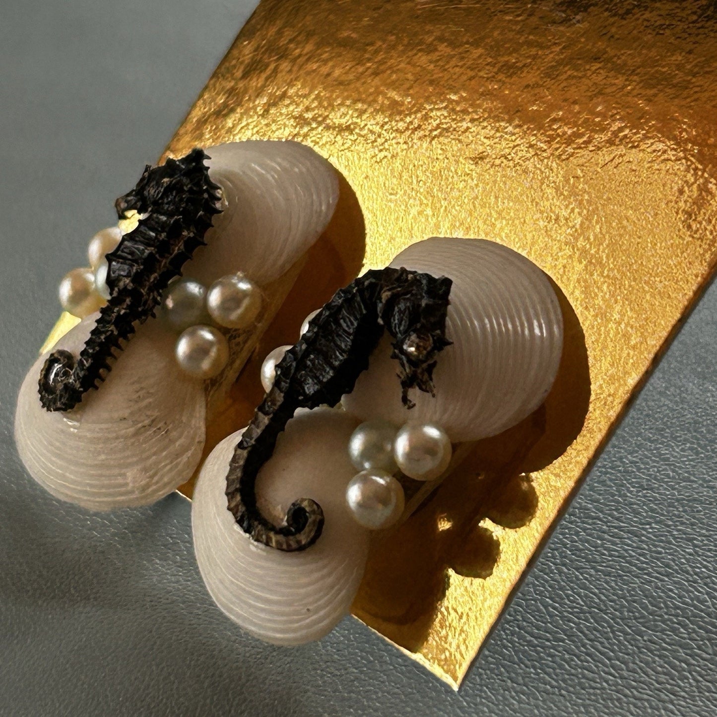Shell & Pearl Seahorse Stud Earrings, Screw-Back, White & Black, Asymmetrical