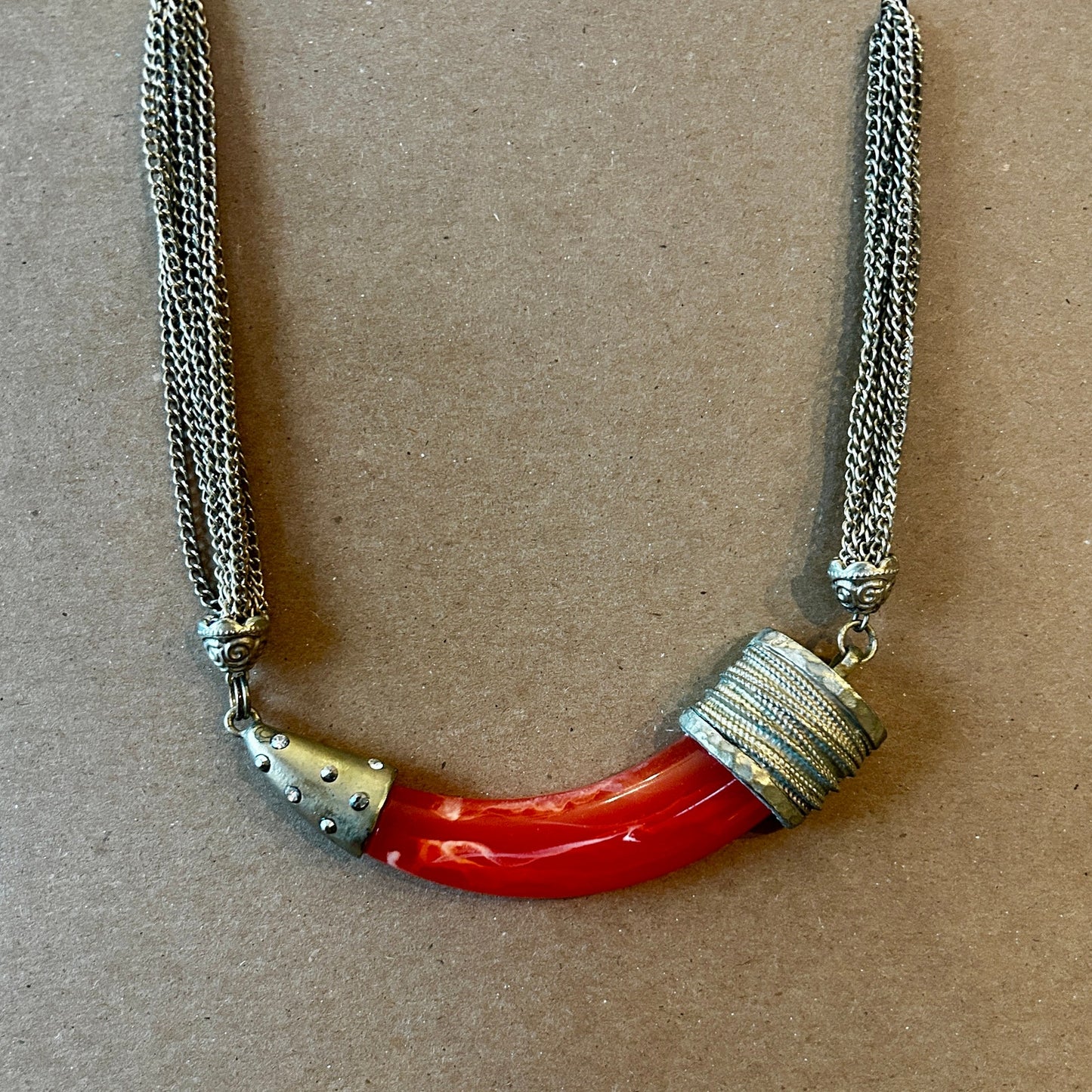 Vintage Red Resin Horn Pendant Multi-Strand Chain Necklace