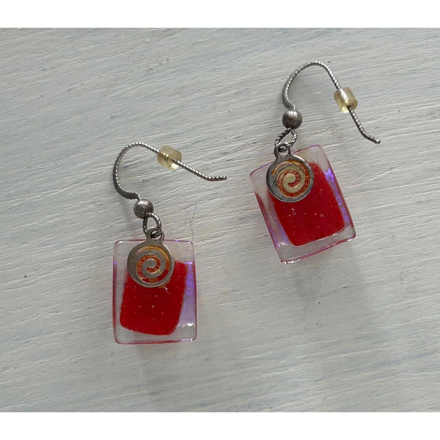 Handmade Red and Purple Dichroic Fused Glass Drop Earrings