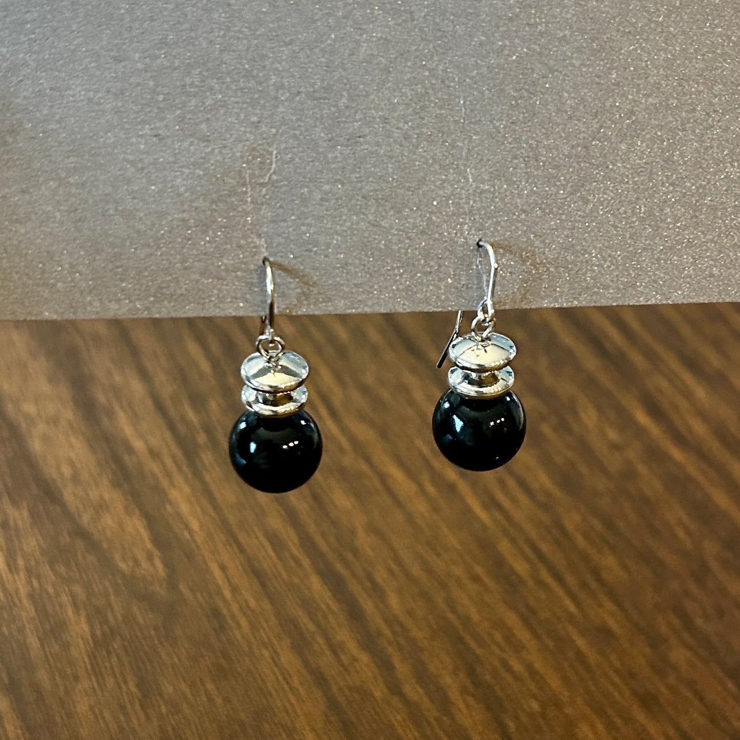 Vintage Black Onyx Style Bead Drop Earrings Silver Tone