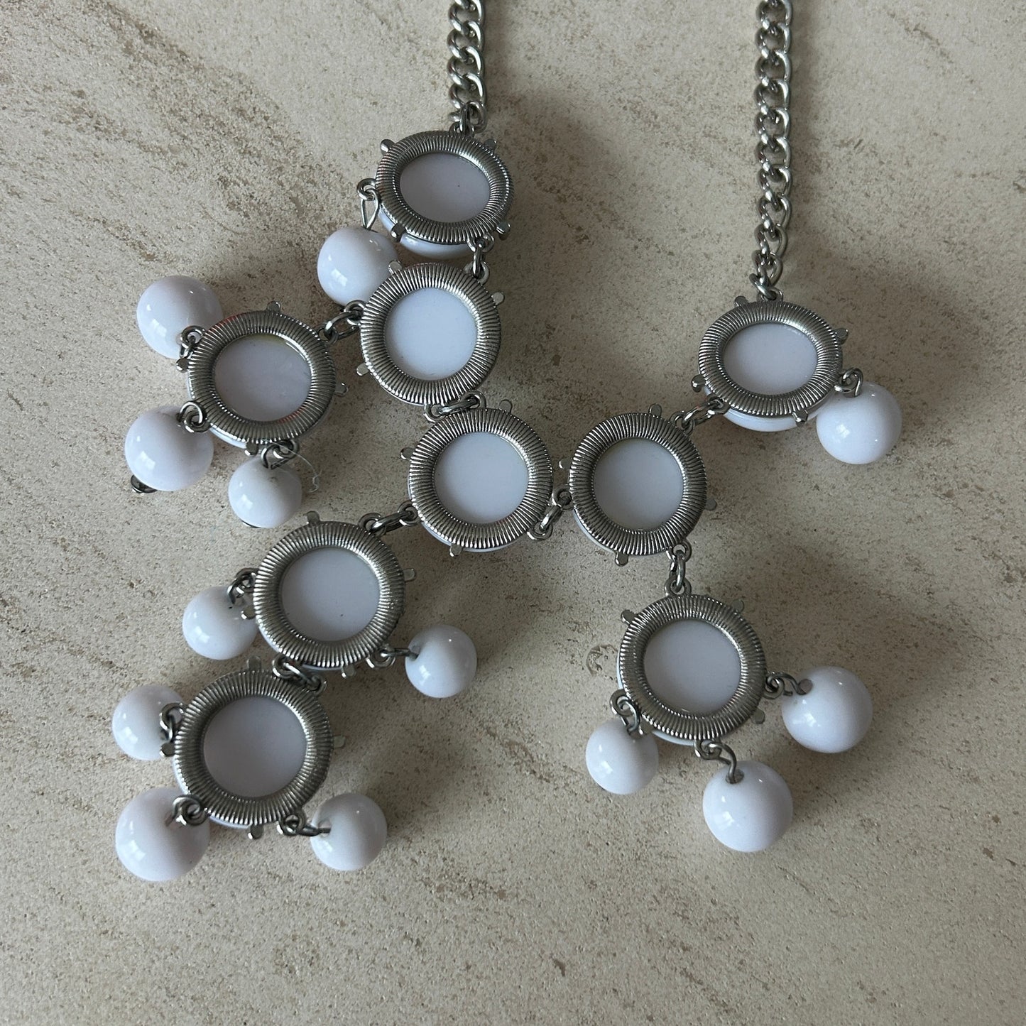 White Cabochon Statement Necklace - Silver Tone Mod Style Bib - 8"