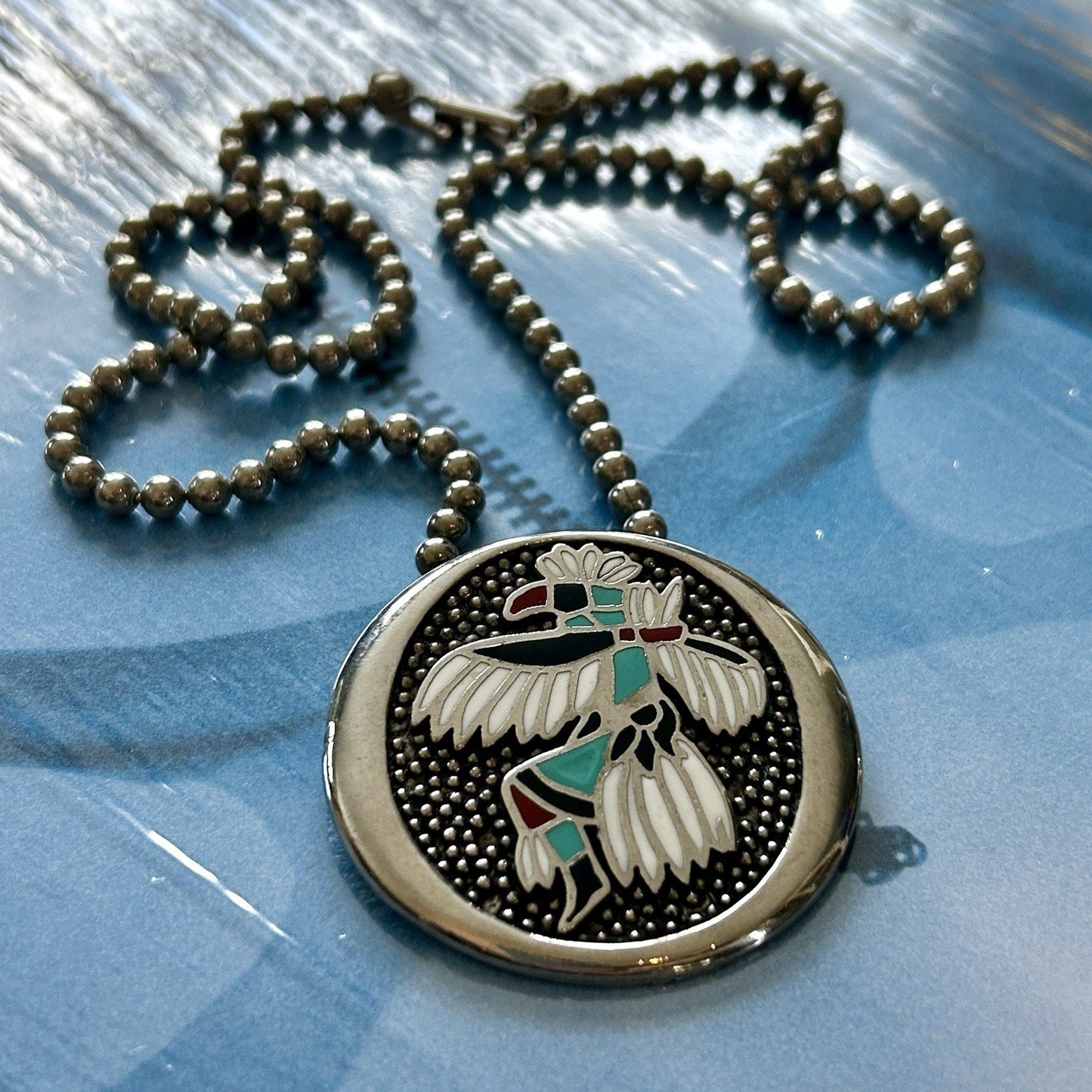 Round Enamel Native Bird Pendant Necklace with Chain, Silver, Turquoise & Red