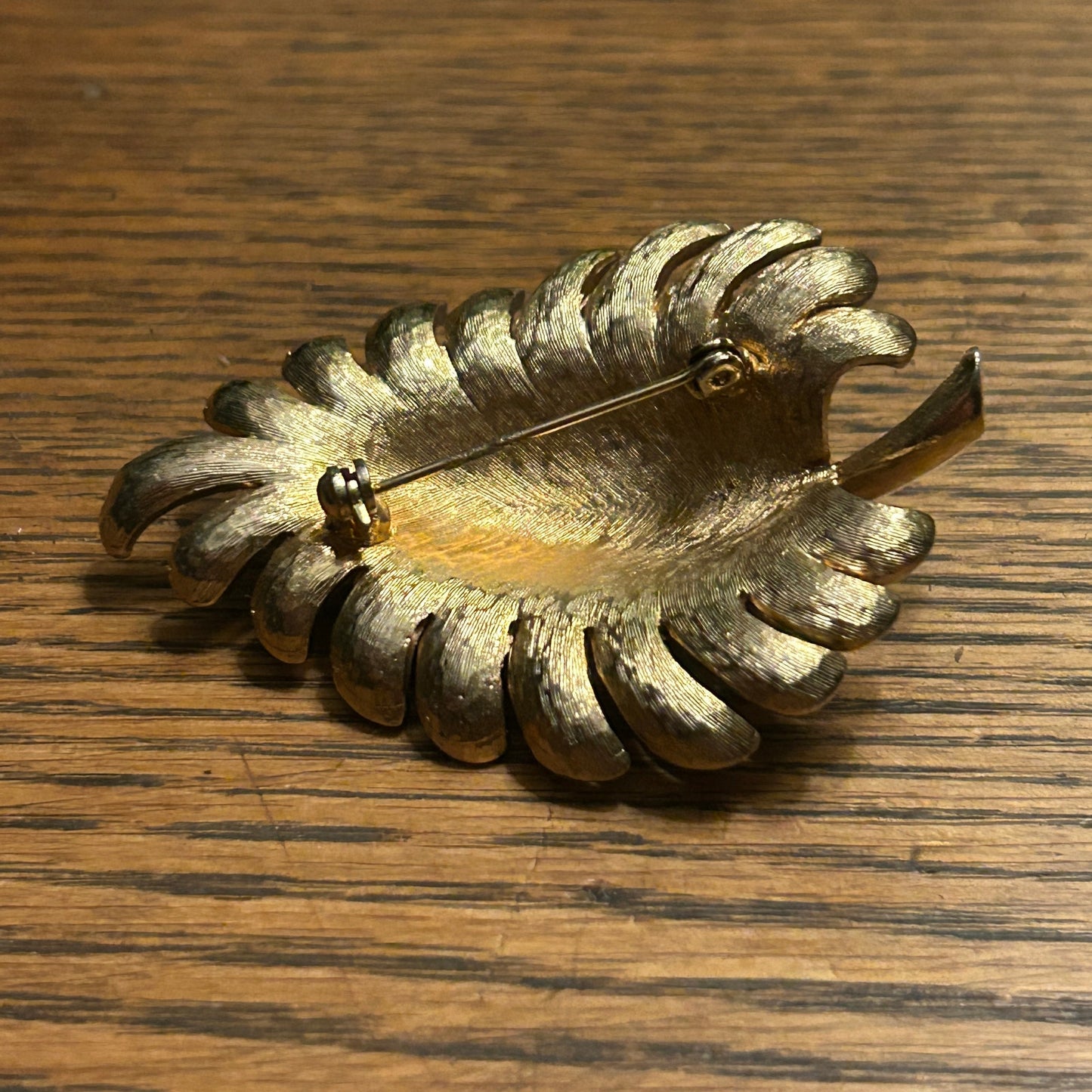 Vintage Mid-Century Leaf Brooch Silver Gold Tone Brushed Metal Pin 1950s 1960s