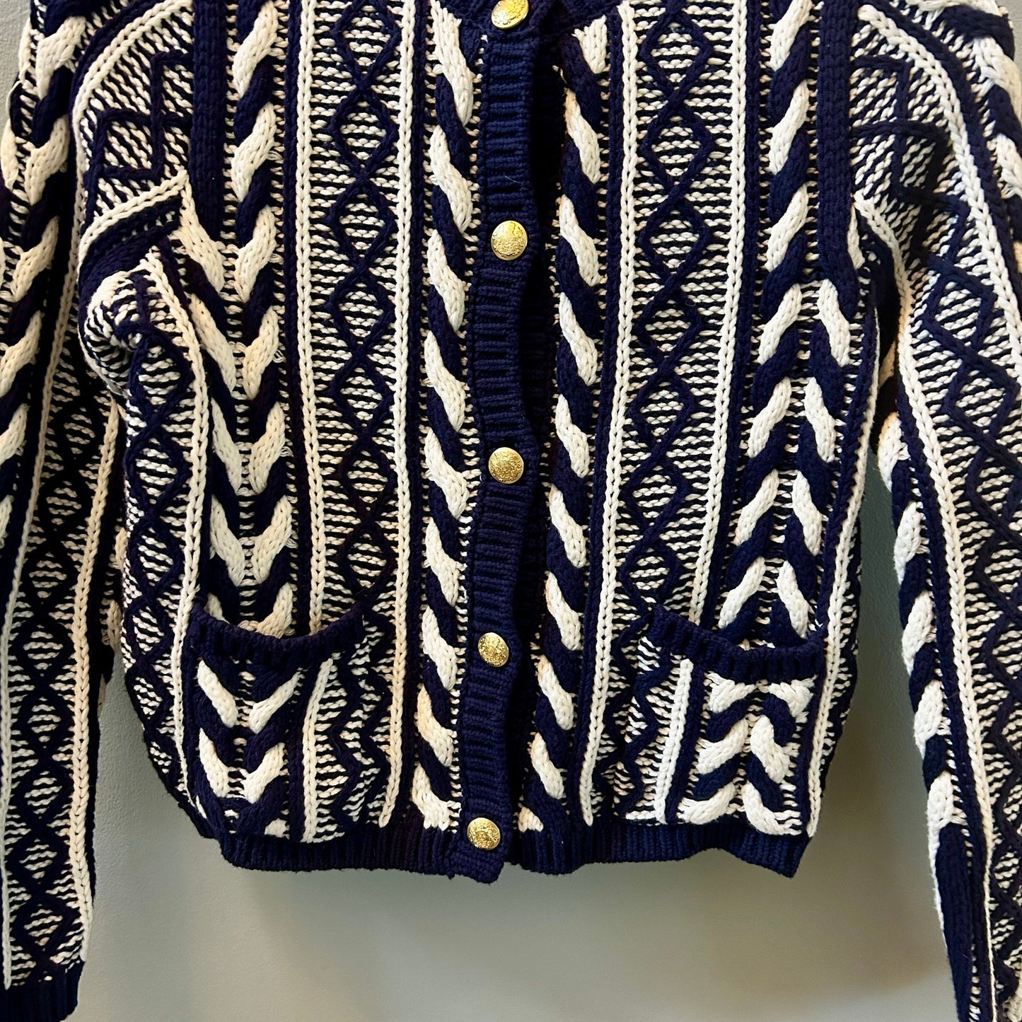 Martha Stewart Navy White Cable Knit Cardigan Sweater M