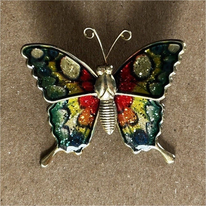 Multicolor Enamel Butterfly Brooch Pin with Metal Accent, 2 Inch