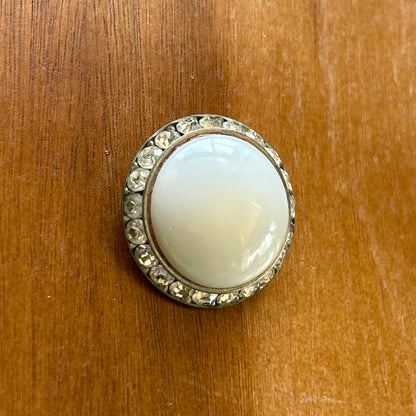 Vintage Silver Tone Faux Pearl & Rhinestone Halo Brooch | Round Cabochon Pin
