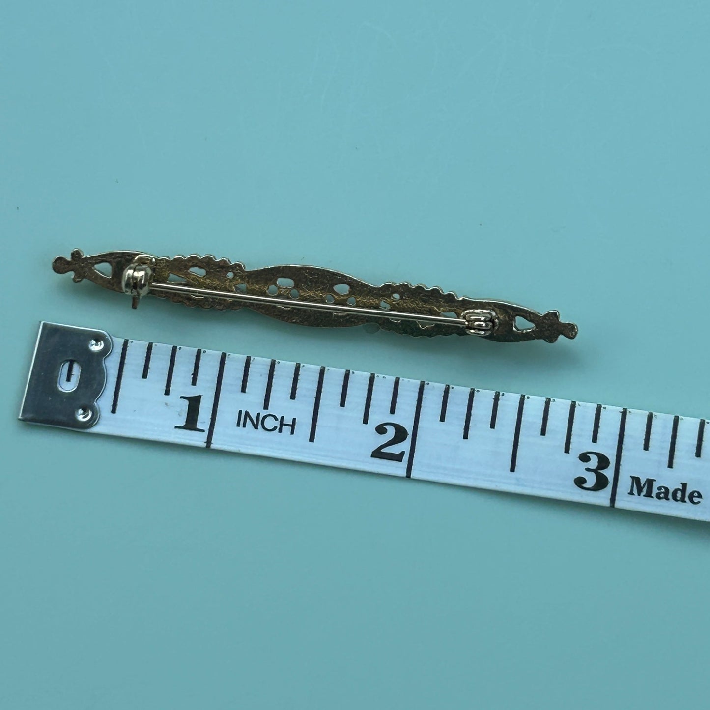 Vintage Gold Tone Filigree Bar Brooch with Faux Pearl Accents Elegant Bar Pin