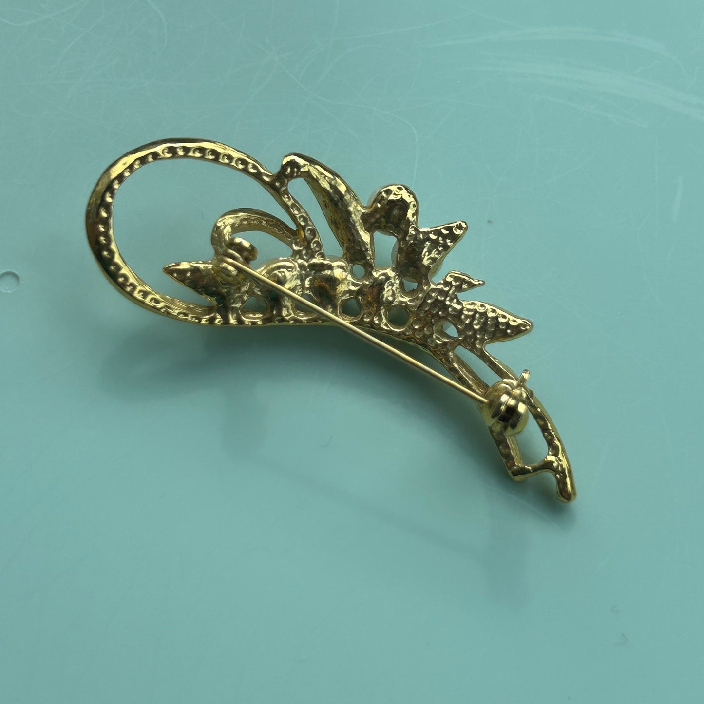 Vintage Faux Pearl & Rhinestone Swirl Brooch | Gold-Tone Floral Spray Pin