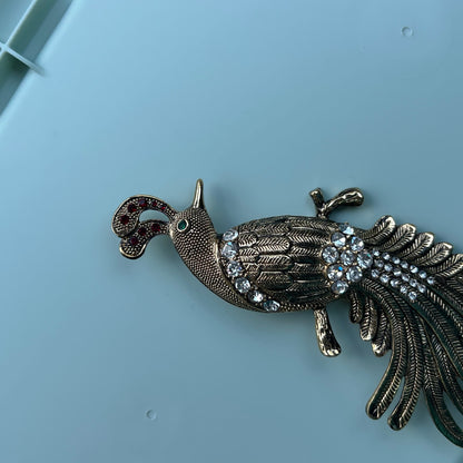 Vintage Regal Peacock Brooch – Large Gold Tone Statement Pin with Rhinestone Accents