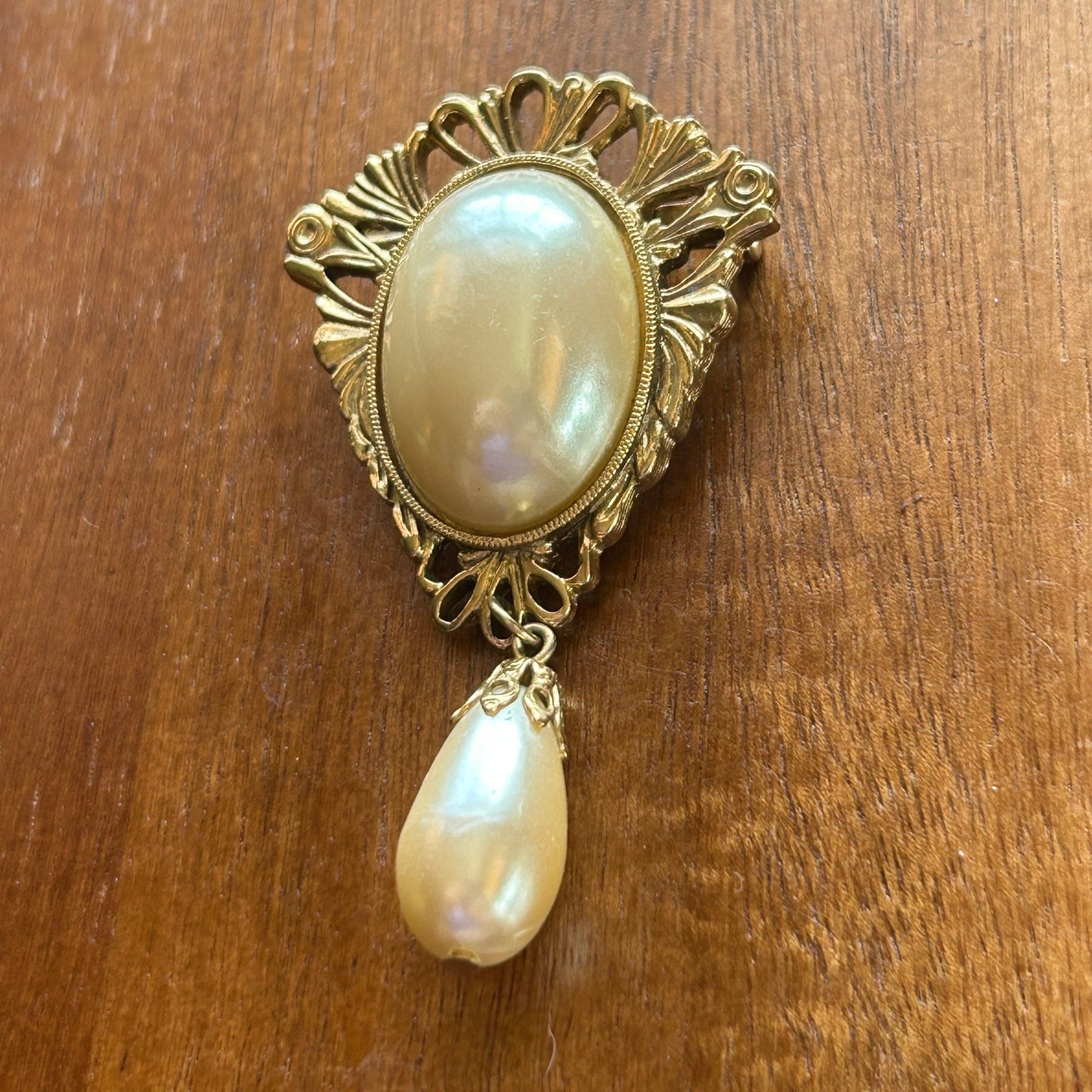 Vintage Ornate Gold Tone Faux Pearl Drop Brooch | Victorian Filigree Dangle Pin