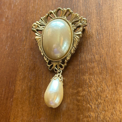 Vintage Ornate Gold Tone Faux Pearl Drop Brooch | Victorian Filigree Dangle Pin