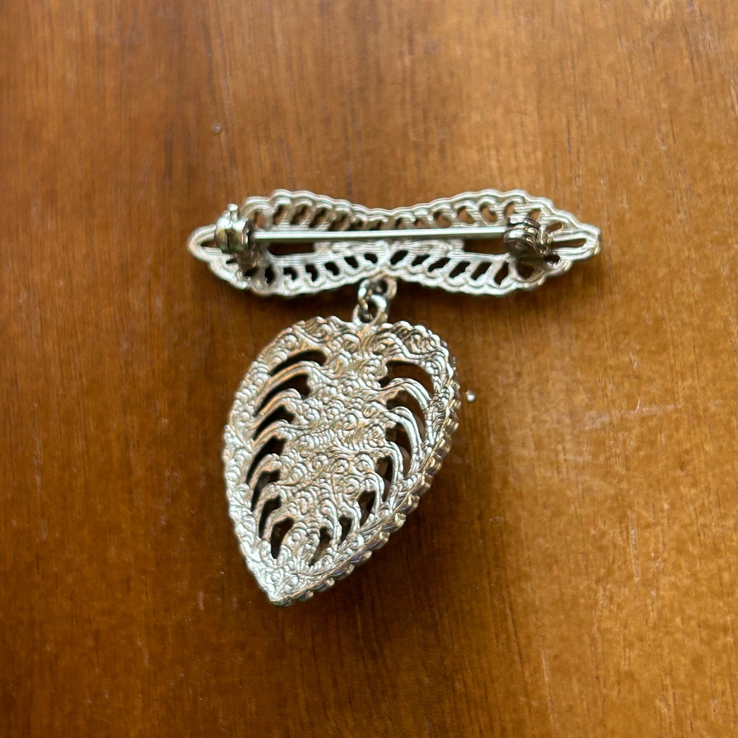 Vintage Art Deco Filigree Heart & Bar Brooch | Silver Black Cabochon Dangle Pin