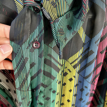 NICOLA Multicolor Geometric Chiffon Tie Neck Long Sleeve Blouse Size 8 Polyester