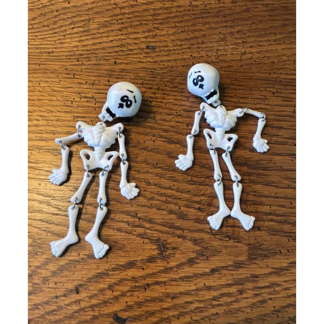 Vintage 1980s Skeleton Dangle Earrings | White Plastic "Dancing" Bones, Moveable