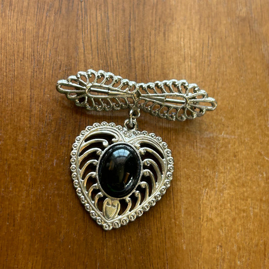 Vintage Art Deco Filigree Heart & Bar Brooch | Silver Black Cabochon Dangle Pin