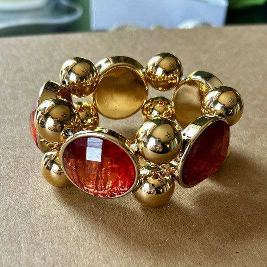 Gold Tone Red Glass Beaded Statement Stretch Bracelet with Oval Stones