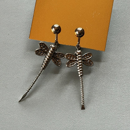 Silver Dragonfly-Shaped Dangle Earrings, Butterfly Closure, for Pierced Lobes