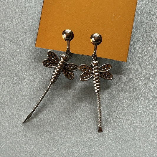 Silver Dragonfly-Shaped Dangle Earrings, Butterfly Closure, for Pierced Lobes