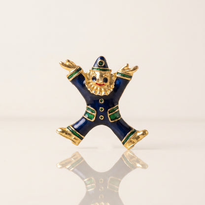 Vintage Enamel Clown Brooch – Navy Blue & Gold-Tone Whimsical Figural Pin