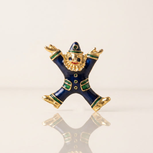 Vintage Enamel Clown Brooch – Navy Blue & Gold-Tone Whimsical Figural Pin