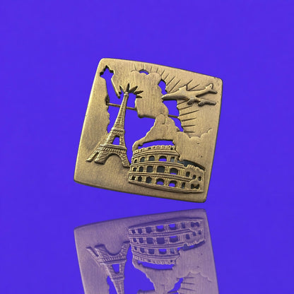 Vintage Gold-Tone World Travel Brooch | Cut-Out Silhouette Pin | Eiffel Tower