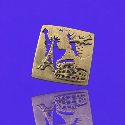 Vintage Gold-Tone World Travel Brooch | Cut-Out Silhouette Pin | Eiffel Tower