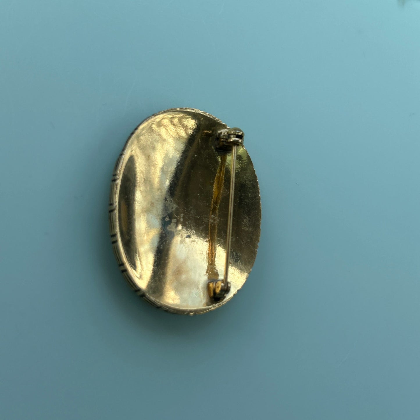 Victorian Revival Style Brooch | Gold-Tone Frame | Tan Suede Inlay Oval