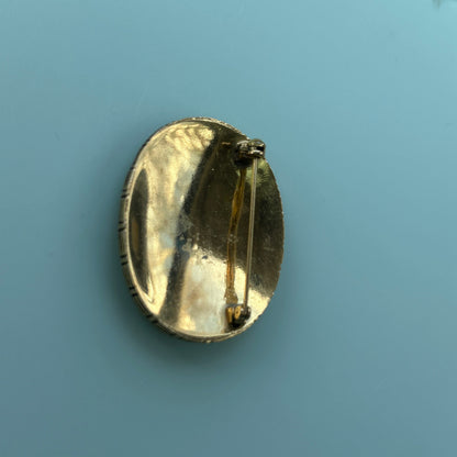 Victorian Revival Style Brooch | Gold-Tone Frame | Tan Suede Inlay Oval
