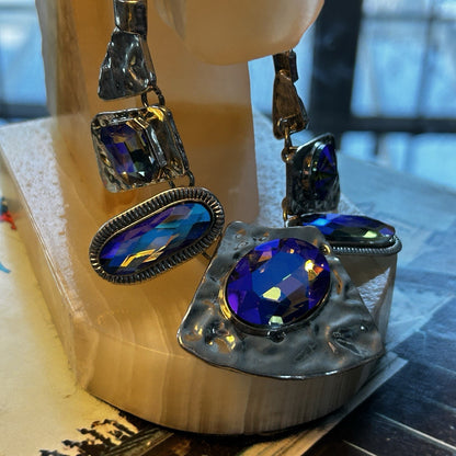 Statement Necklace Blue Glass Oval Stones Metal Bezel Asymmetrical Pendant Women