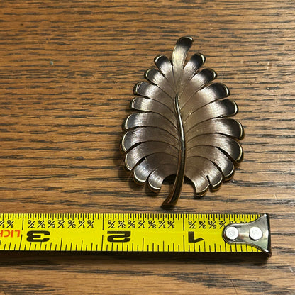 Vintage Mid-Century Leaf Brooch Silver Gold Tone Brushed Metal Pin 1950s 1960s
