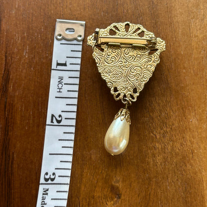 Vintage Ornate Gold Tone Faux Pearl Drop Brooch | Victorian Filigree Dangle Pin