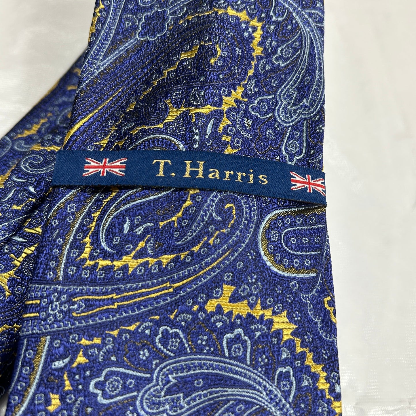 NWT T. Harris London Silk Tie Blue & Gold Paisley Luxury Men’s Necktie