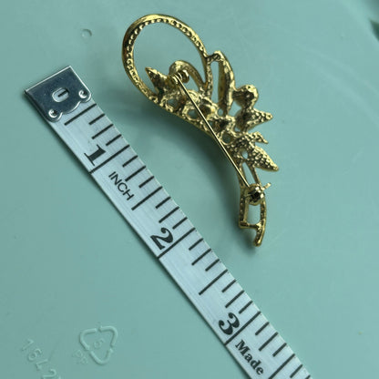 Vintage Faux Pearl & Rhinestone Swirl Brooch | Gold-Tone Floral Spray Pin