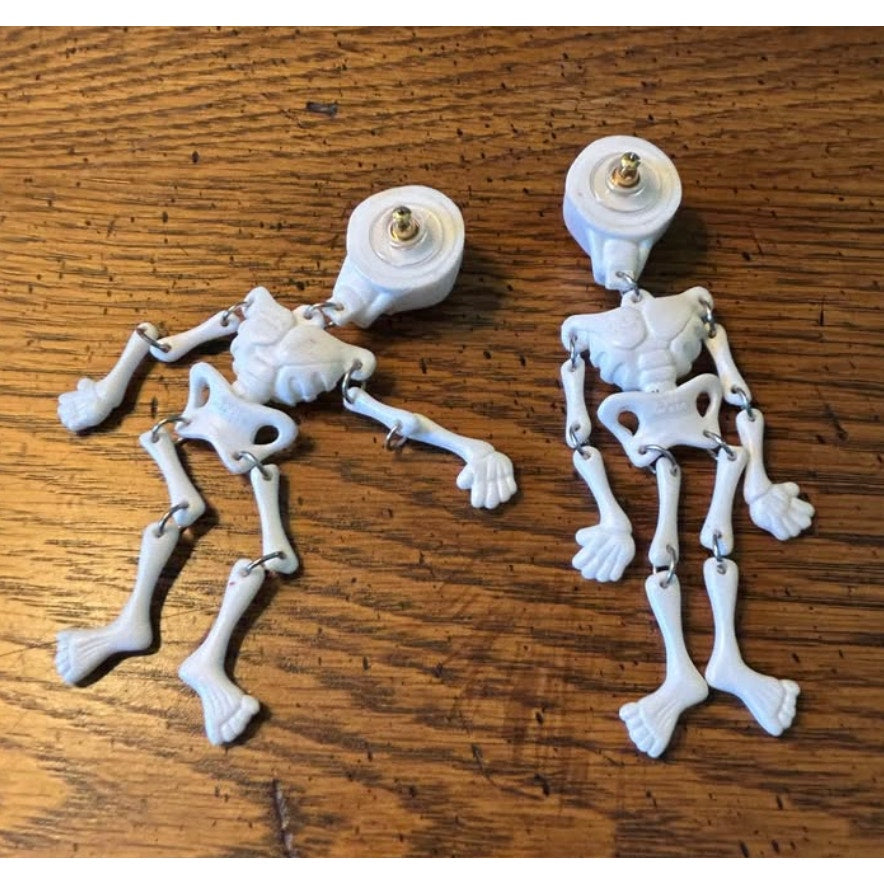 Vintage 1980s Skeleton Dangle Earrings | White Plastic "Dancing" Bones, Moveable