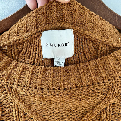 Pink Rose Brown Cable-Knit Pullover Sweater Crew Neck 100% Polyester Size L