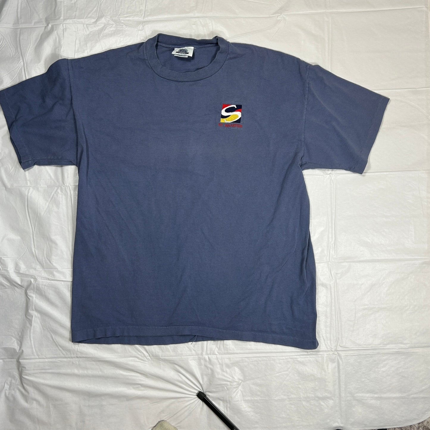 Vintage St. Maarten Embroidered T-Shirt Men's XL Faded Blue Made in USA