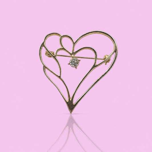 Vintage Gold Tone Open Heart Brooch Pin Rhinestone Filigree Art Nouveau Style