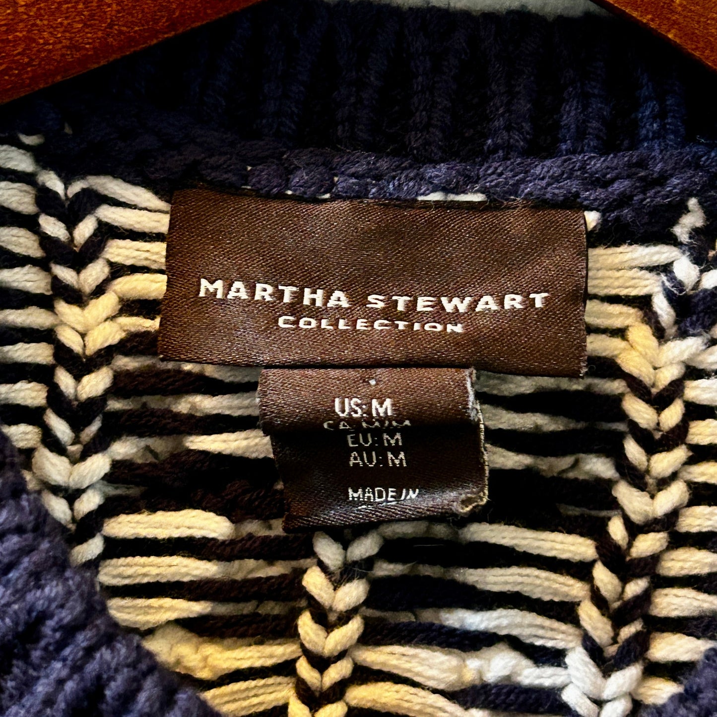 Martha Stewart Navy White Cable Knit Cardigan Sweater M
