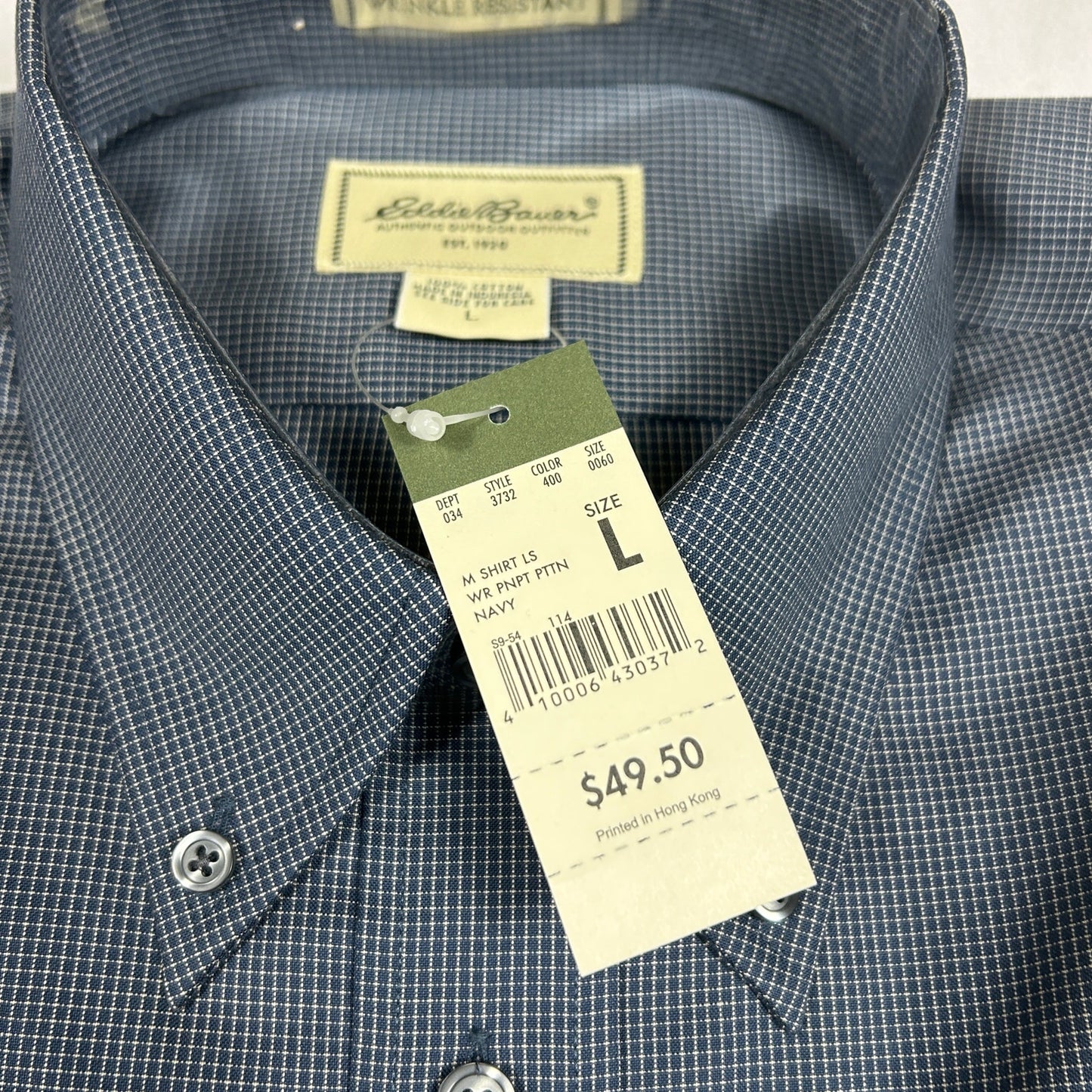 NWT Eddie Bauer Men’s Large Navy Micro-Check Wrinkle-Resistant Dress Shirt
