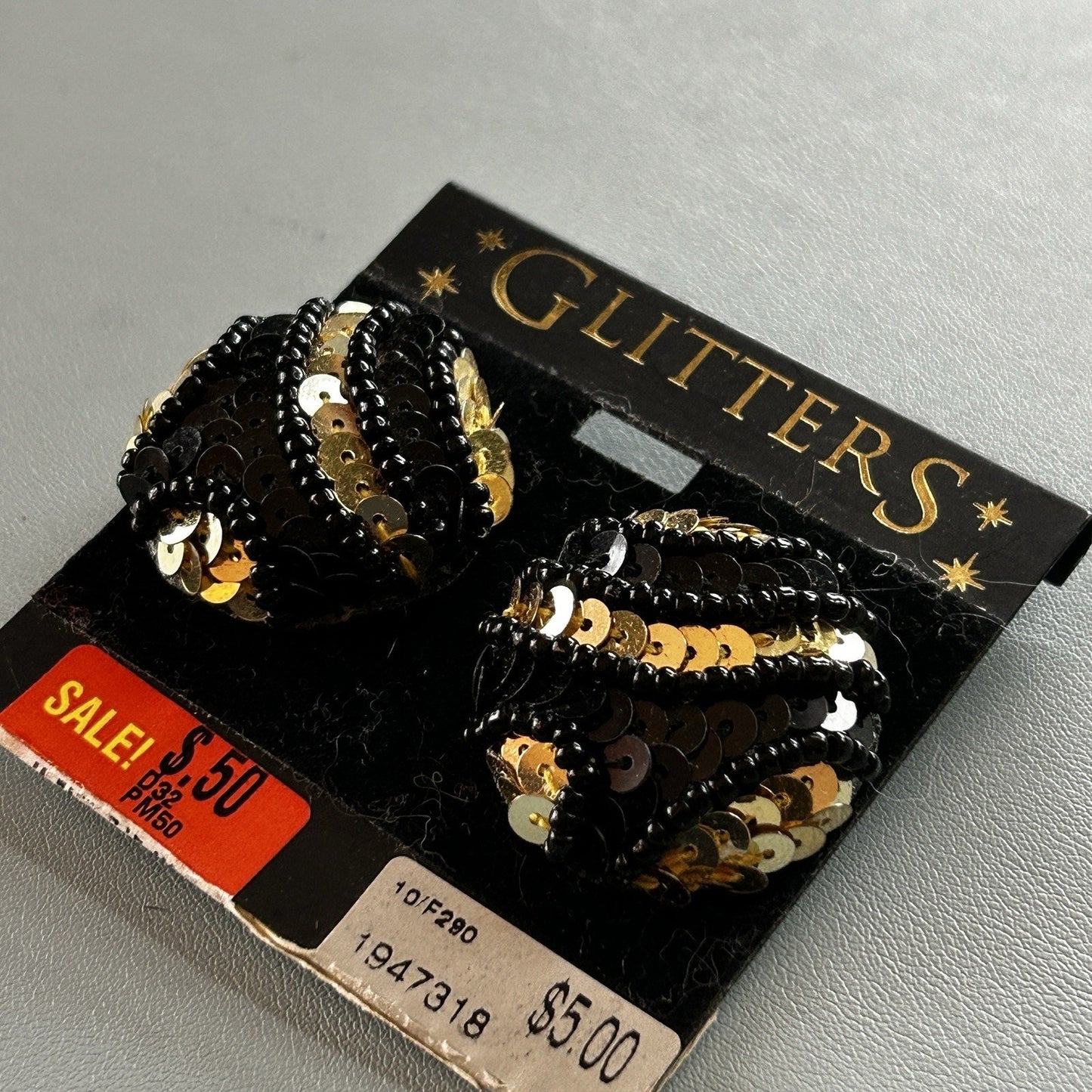 GLITTERS Black & Gold Round Beaded Earrings, Butterfly Closure, Pierced Lobes