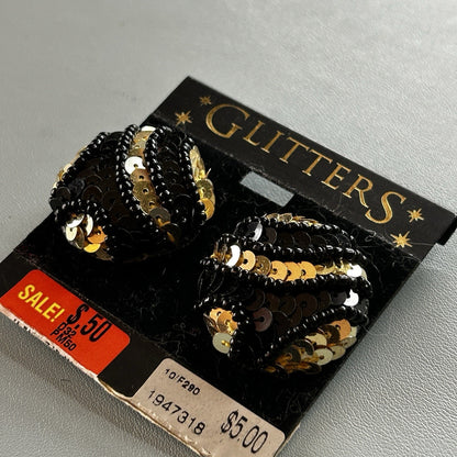 GLITTERS Black & Gold Round Beaded Earrings, Butterfly Closure, Pierced Lobes
