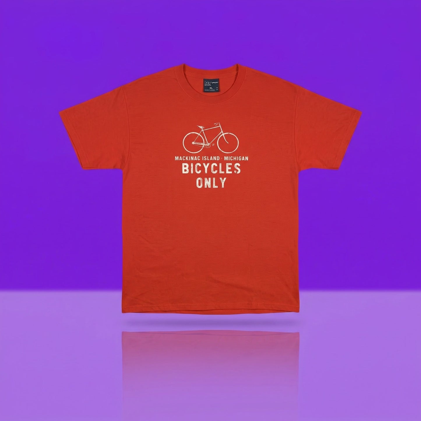 NWT XL Gildan Macinac Island Michigan Bicycles Only T-Shirt Coral Pink Orange