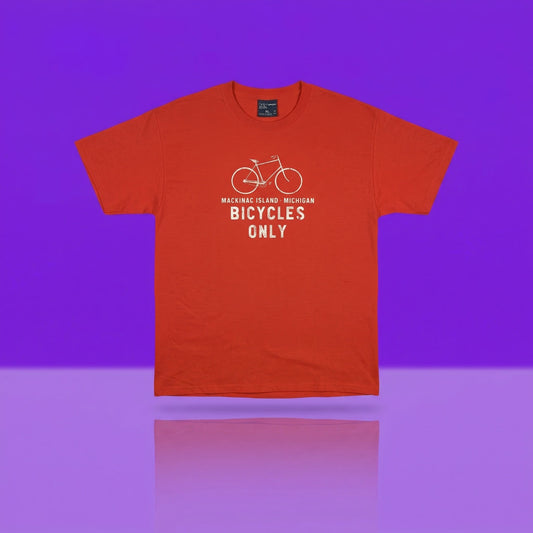 NWT XL Gildan Macinac Island Michigan Bicycles Only T-Shirt Coral Pink Orange