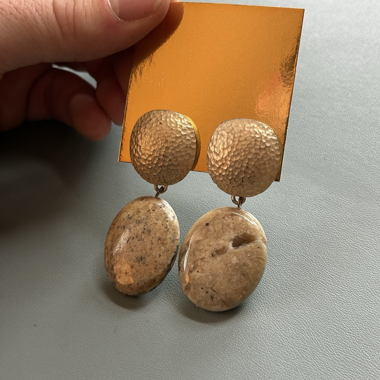 Handcrafted Oval Stone Metal Dangle Earrings Clip-On Beige Gold for Women