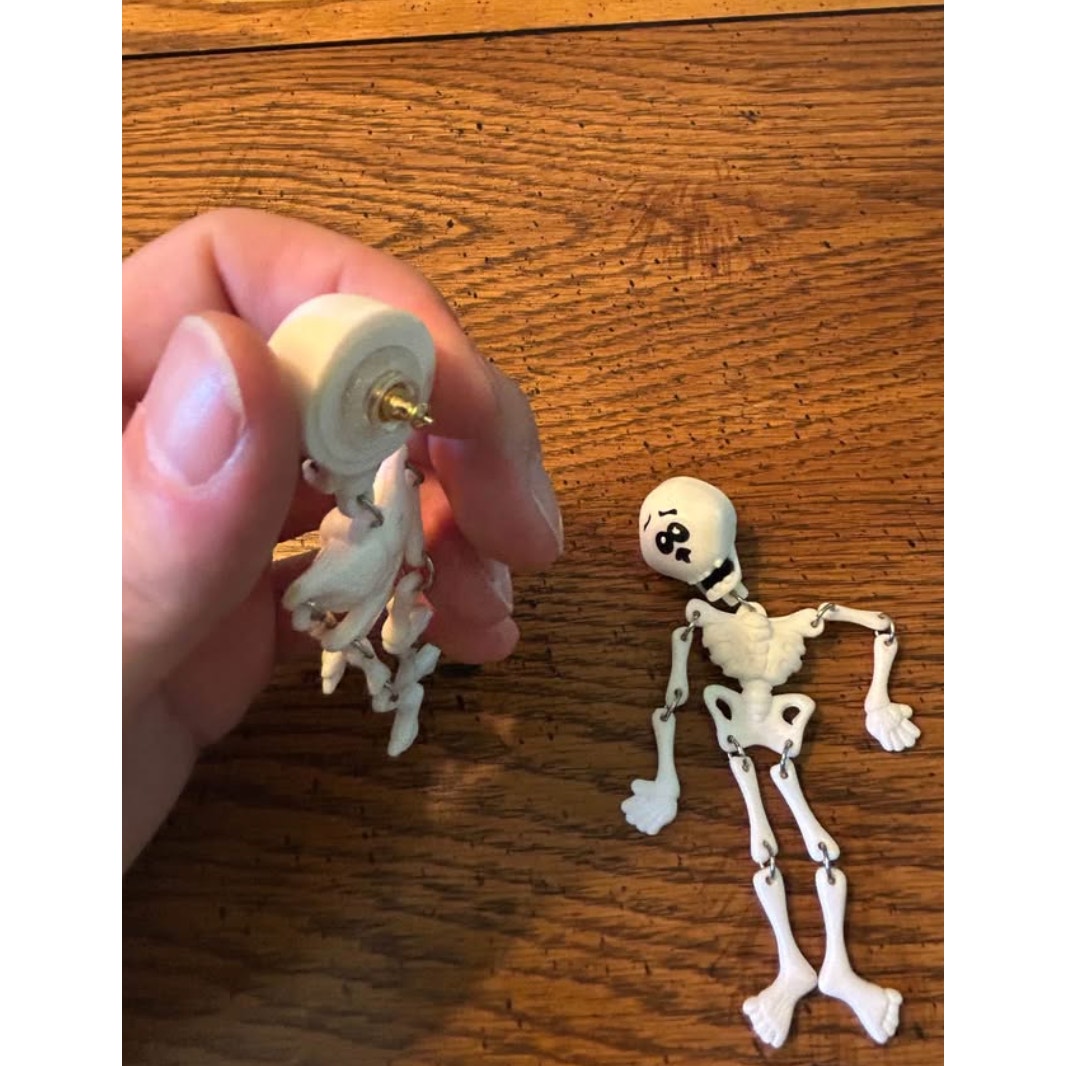 Vintage 1980s Skeleton Dangle Earrings | White Plastic "Dancing" Bones, Moveable