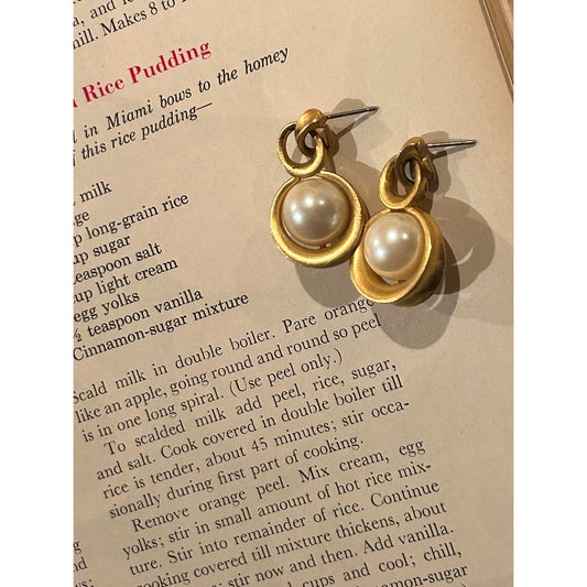 Gold and Faux Pearl Drop Earrings, Pierced, Vintage