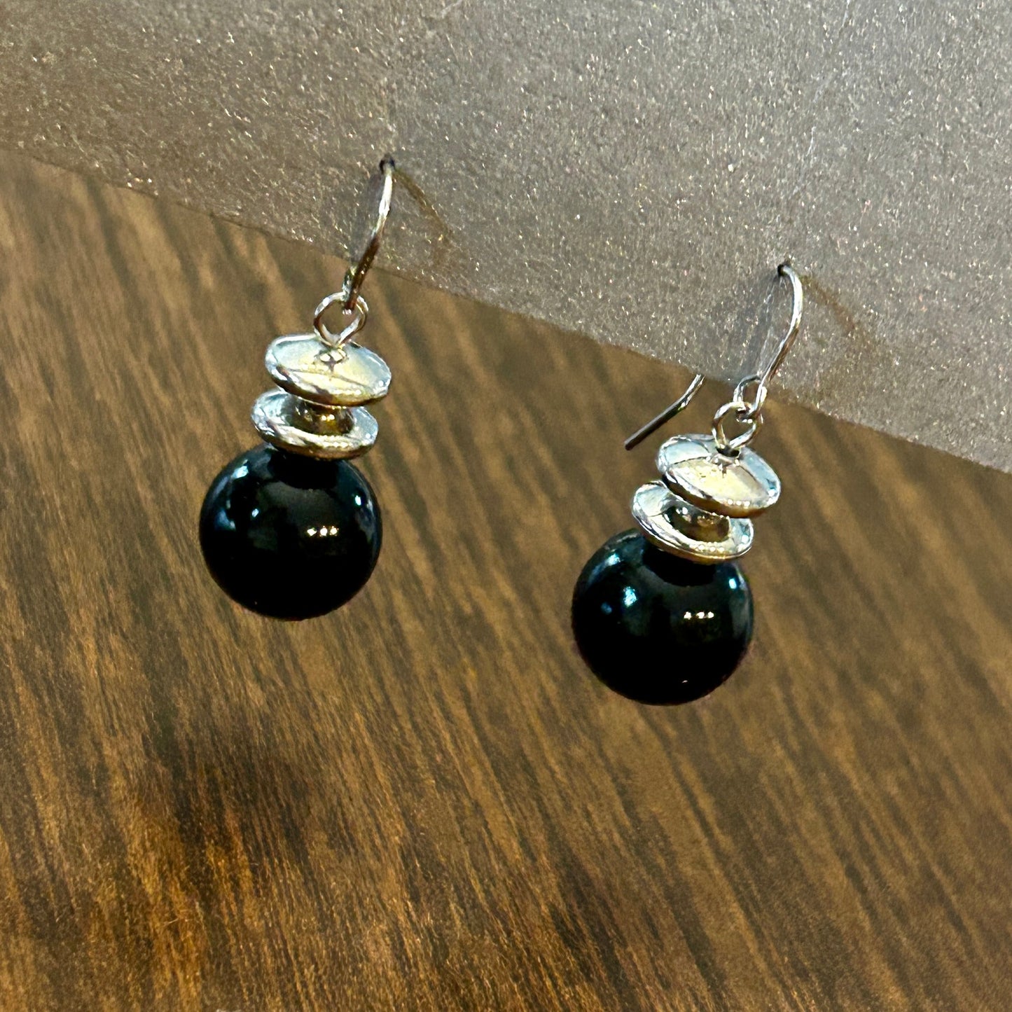 Vintage Black Onyx Style Bead Drop Earrings Silver Tone